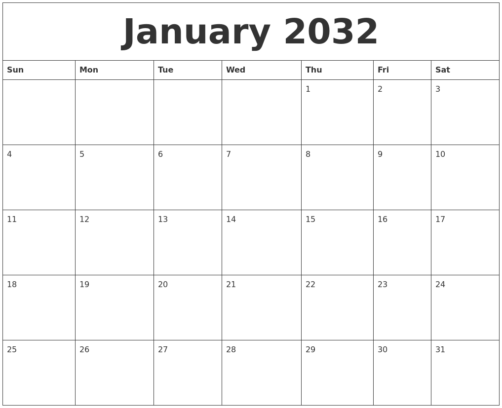 January 2032 Free Calenders
