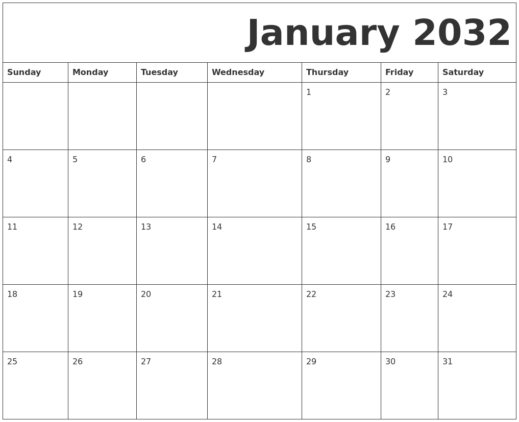 January 2032 Free Printable Calendar