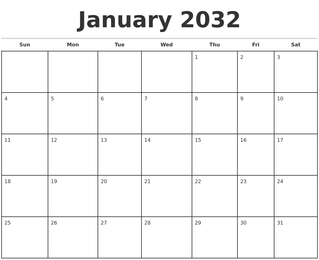 January 2032 Monthly Calendar Template