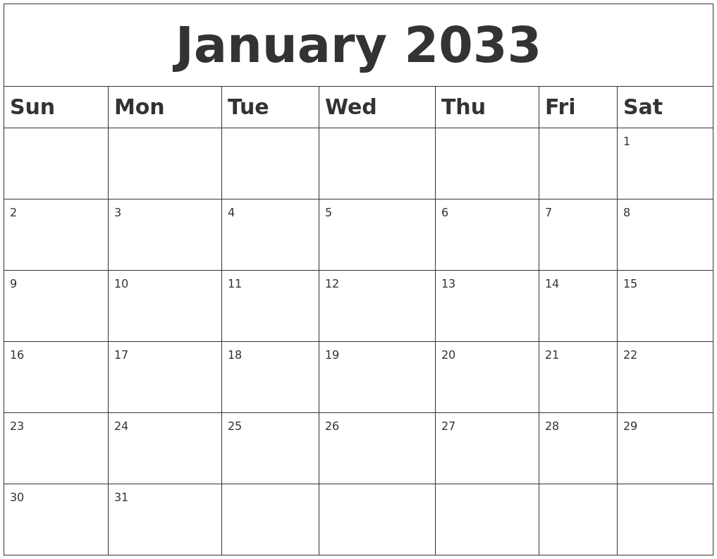 January 2033 Blank Calendar