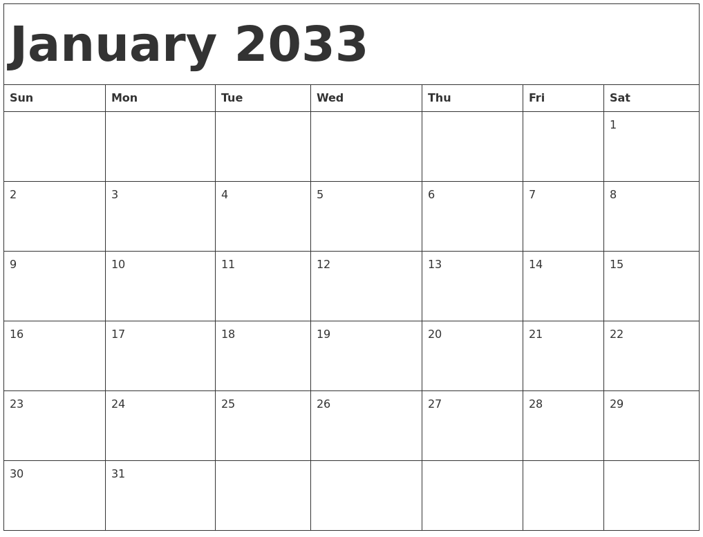 January 2033 Calendar Template