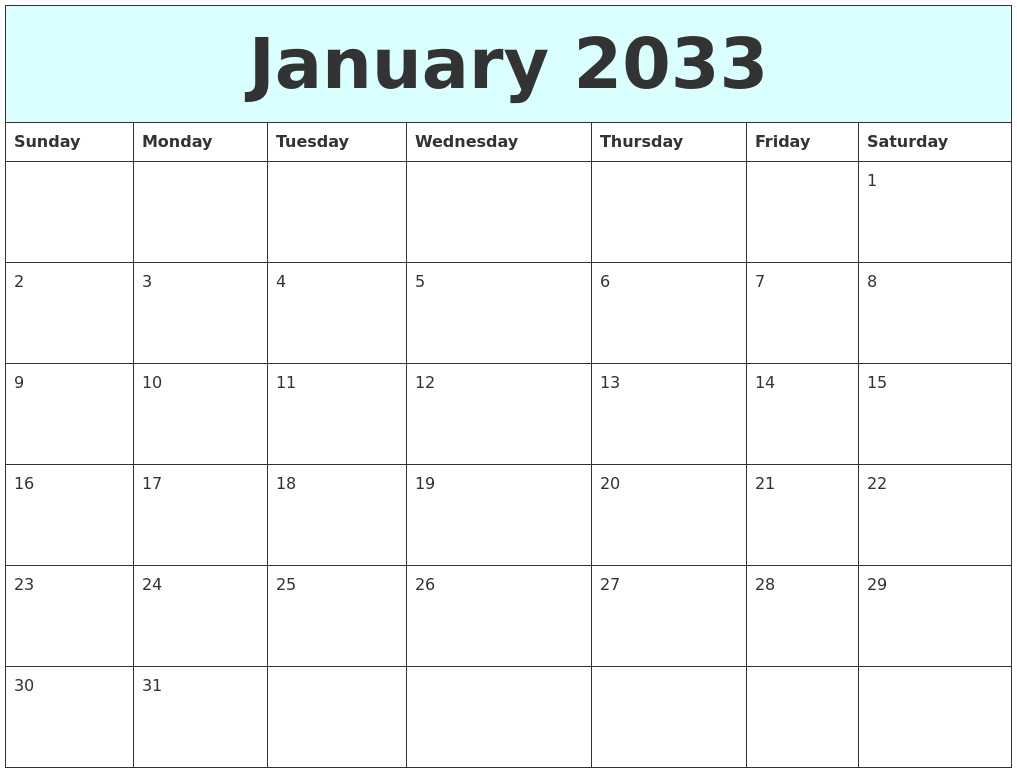 January 2033 Free Calendar January 2033 Free Calendar