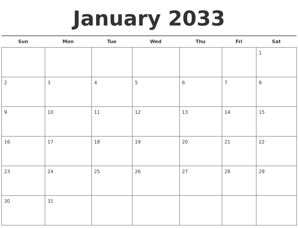January 2033 Free Calendar Template
