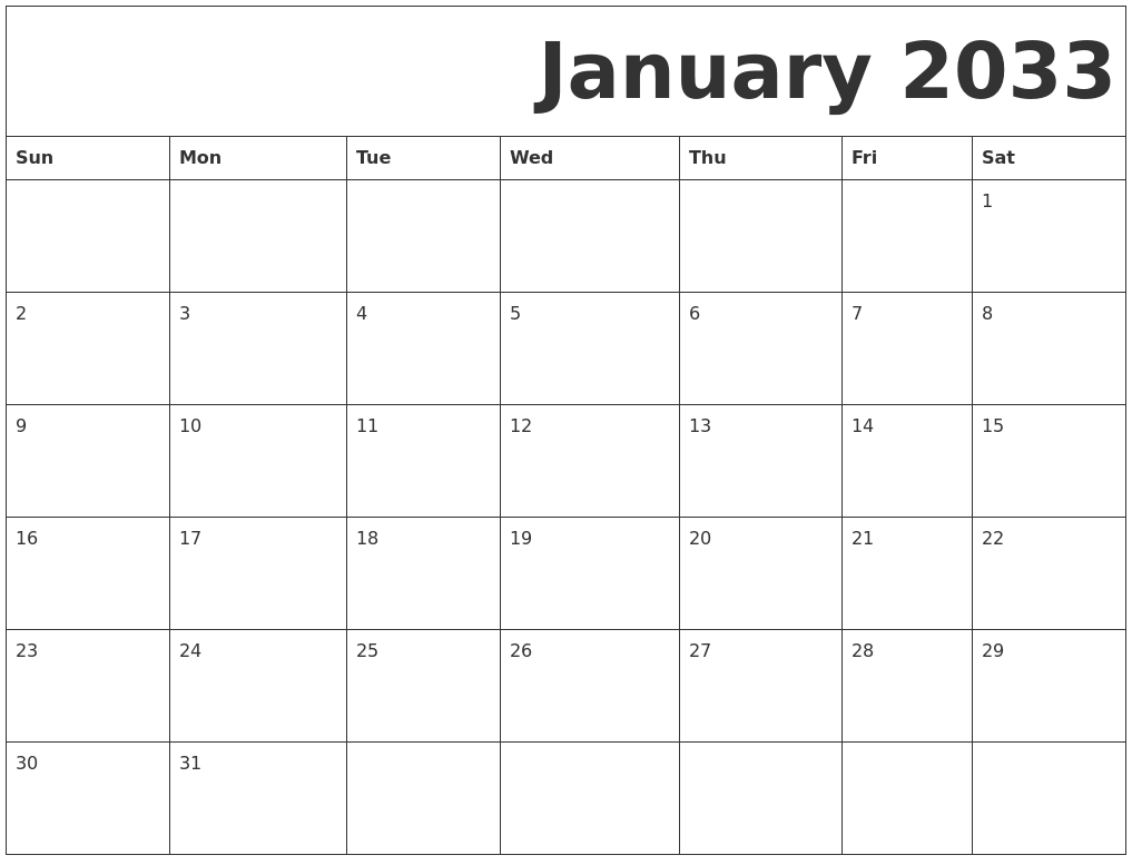 January 2033 Free Printable Calendar