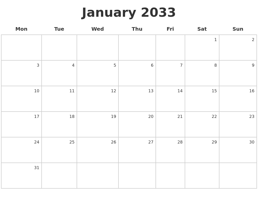 January 2033 Make A Calendar January 2033 Make A Calendar