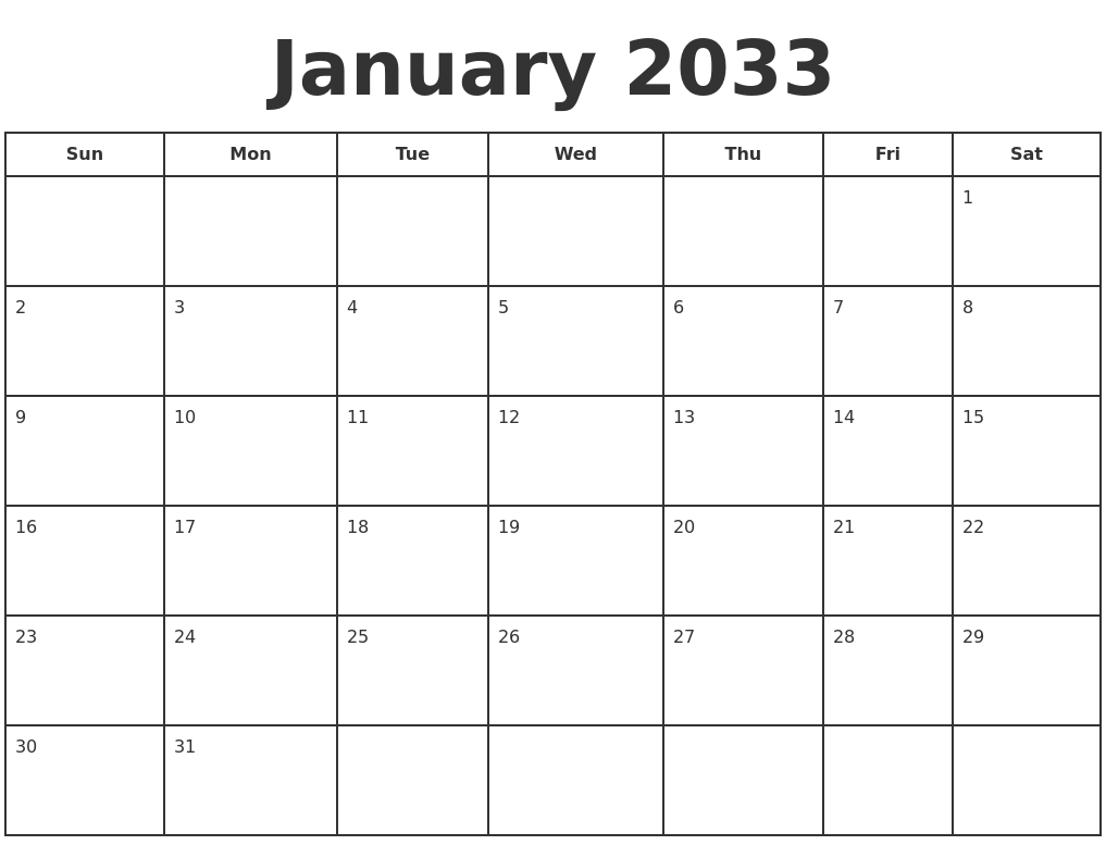 January 2033 Print A Calendar
