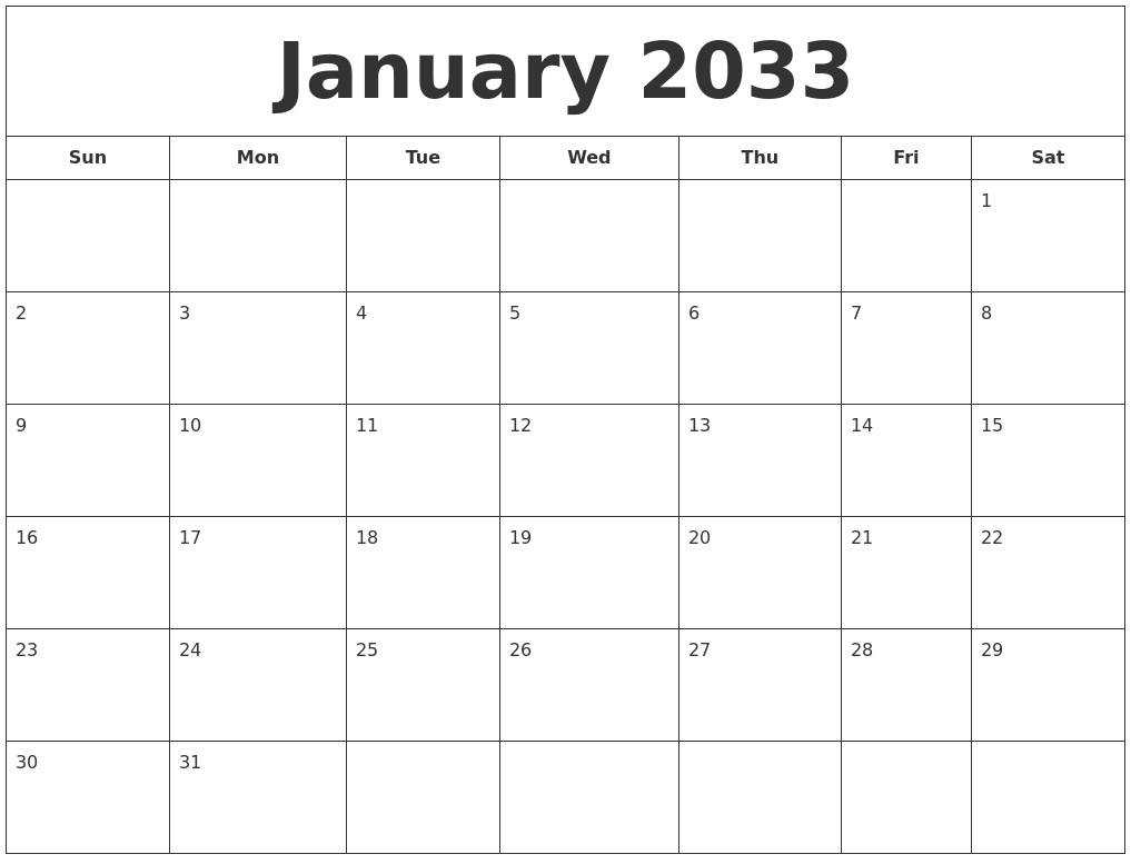 January 2033 Printable Calendar