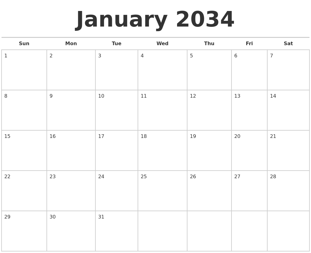 January 2034 Calendars Free