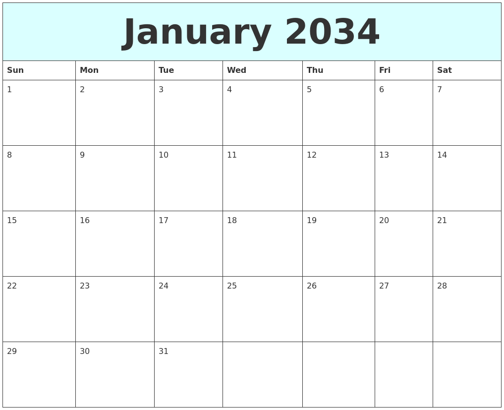 January 2034 Free Calendar