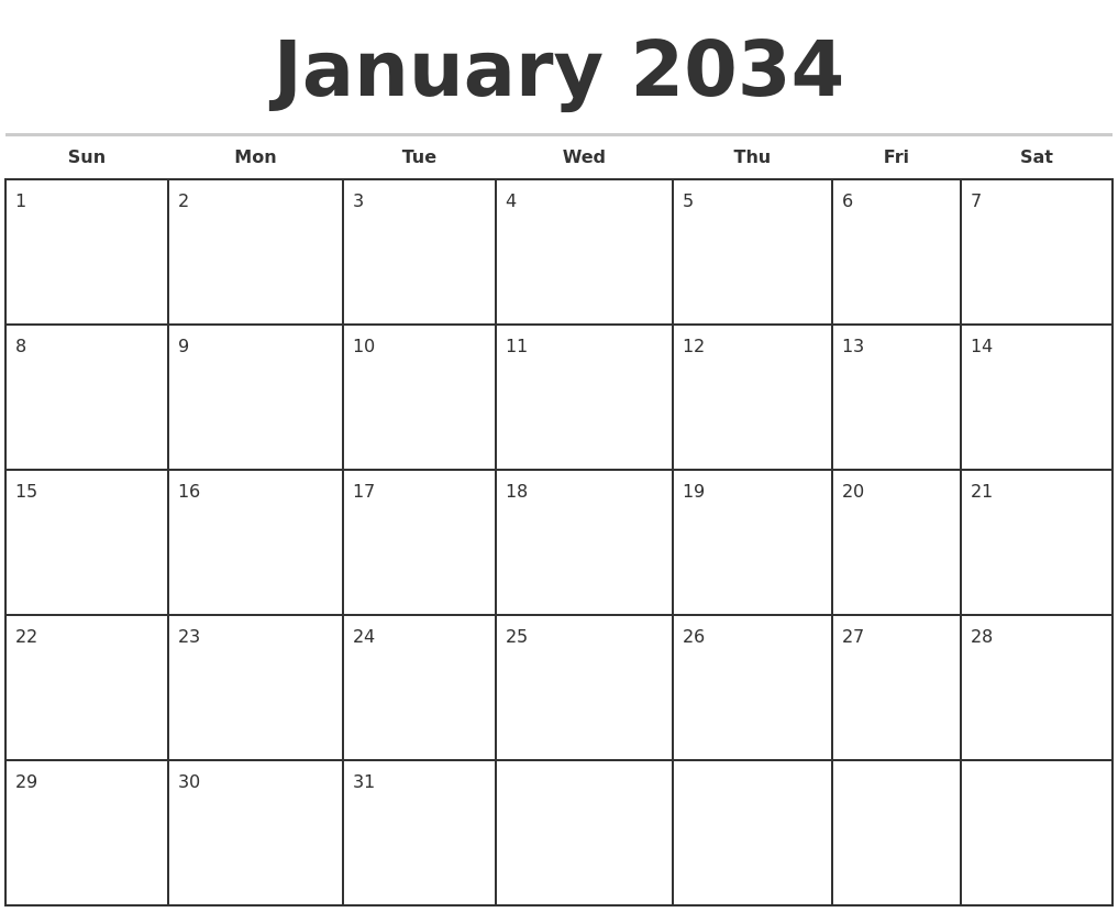 January 2034 Monthly Calendar Template