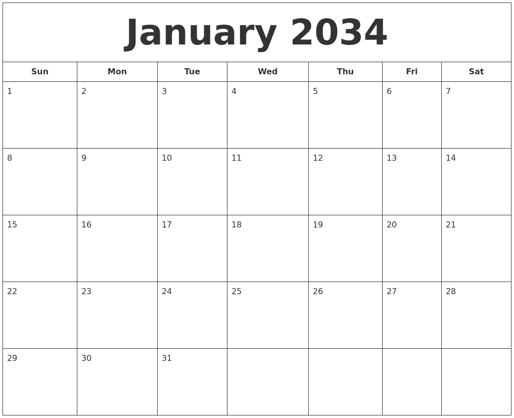 January 2034 Printable Calendar