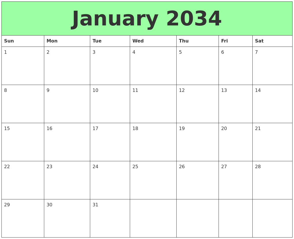 January 2034 Printable Calendars