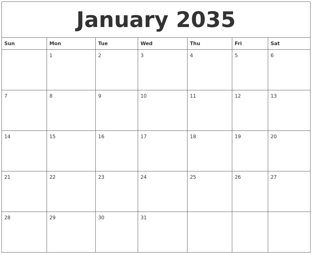 January 2035 Calender Print