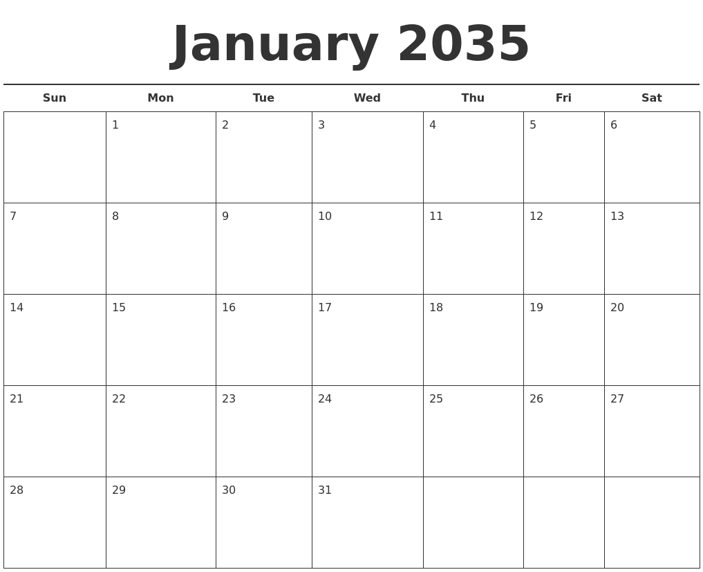January 2035 Free Calendar Template