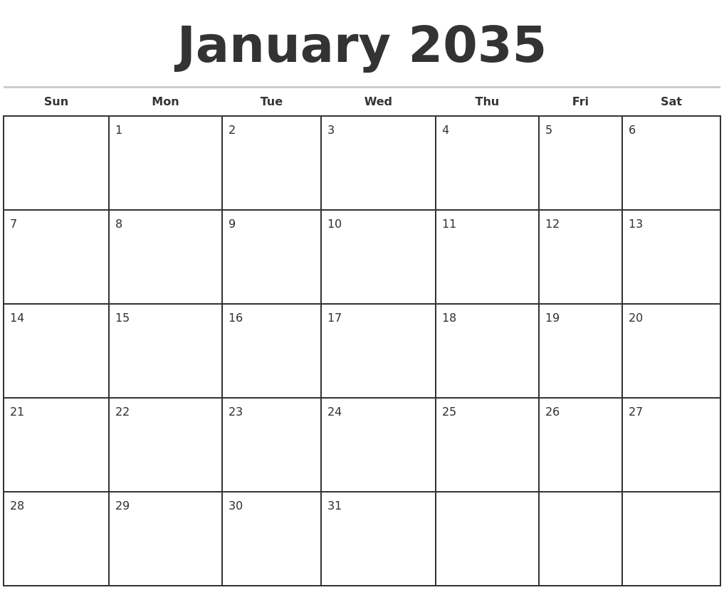 January 2035 Monthly Calendar Template