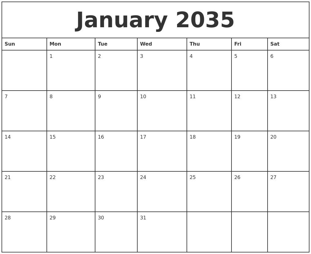 January 2035 Printable Monthly Calendar