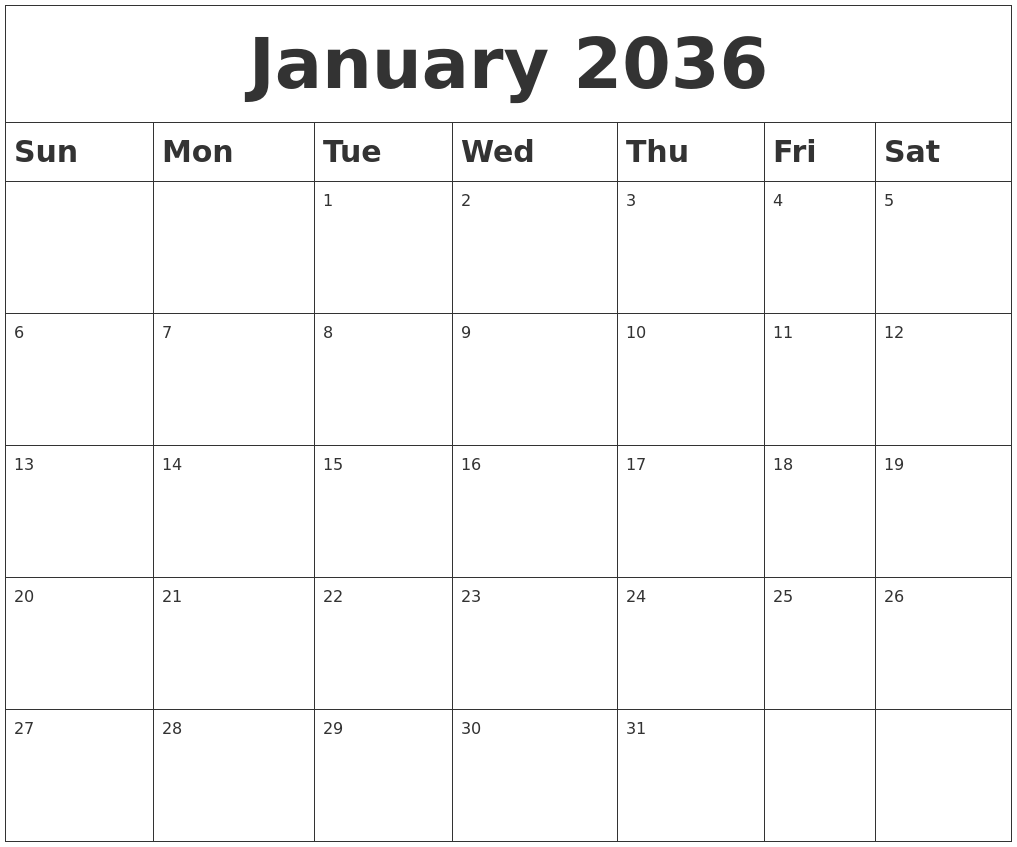 January 2036 Blank Calendar