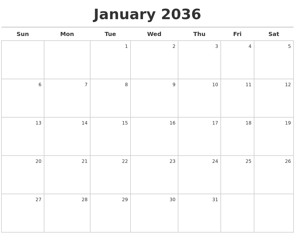 January 2036 Calendar Maker