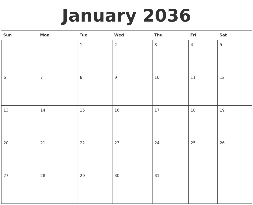 January 2036 Calendar Printable
