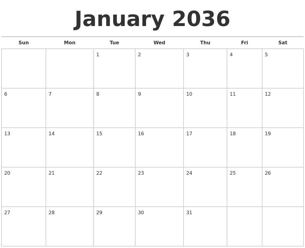 January 2036 Calendars Free