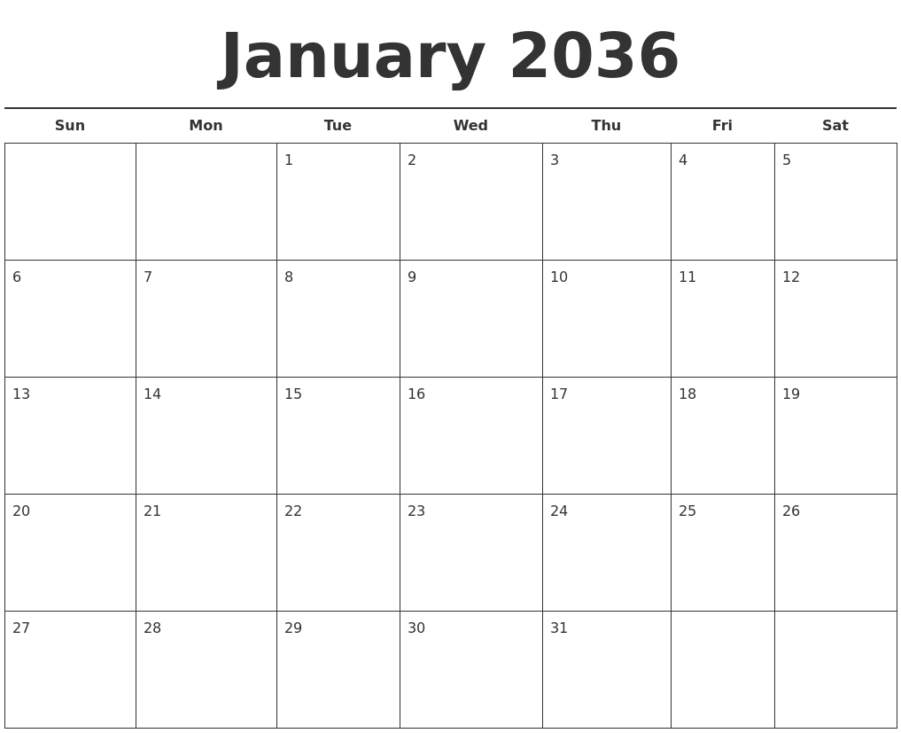January 2036 Free Calendar Template