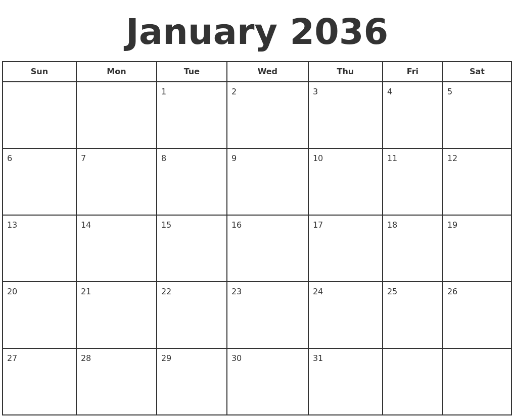 January 2036 Print A Calendar