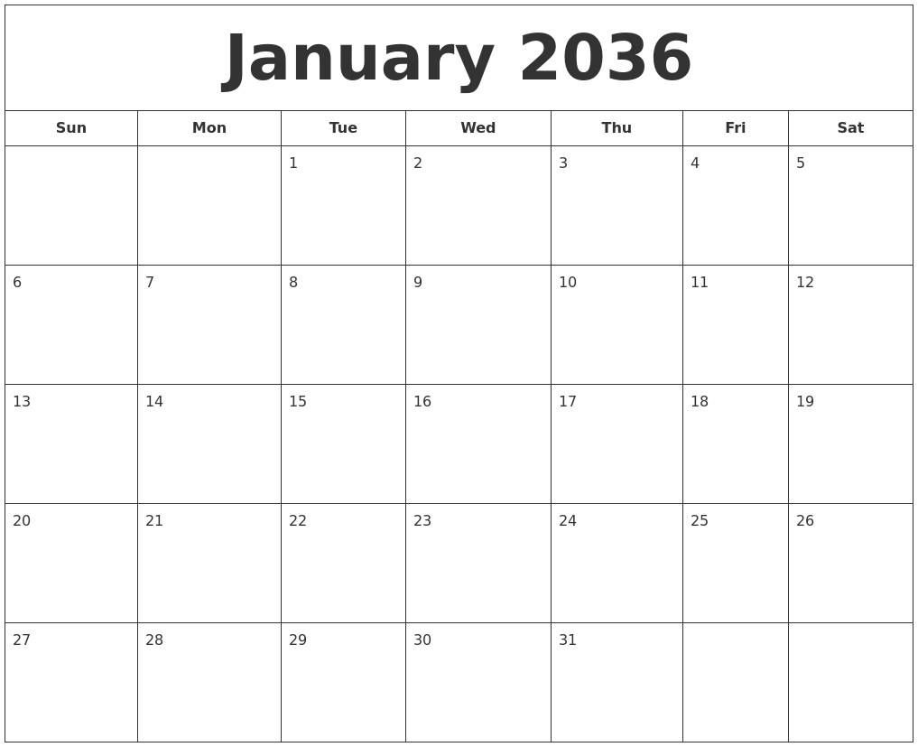 January 2036 Printable Calendar