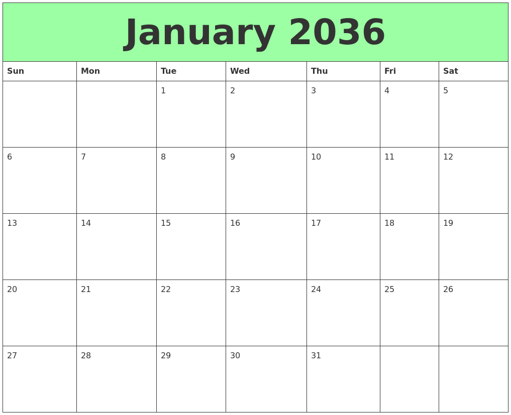 January 2036 Printable Calendars