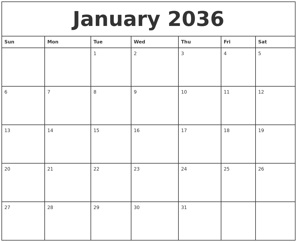 January 2036 Printable Monthly Calendar