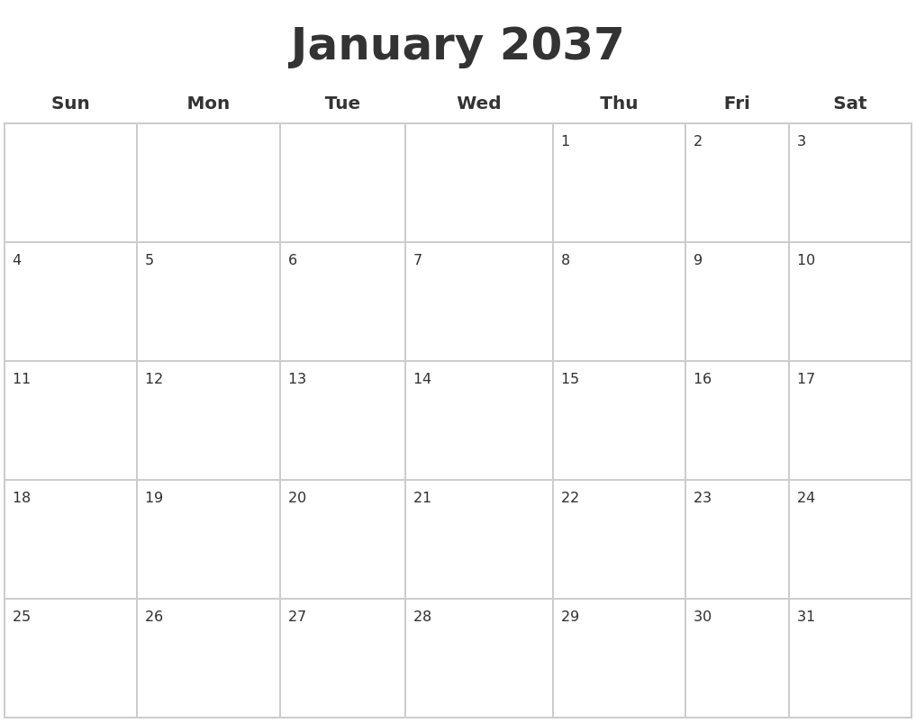 January 2037 Blank Calendar Pages