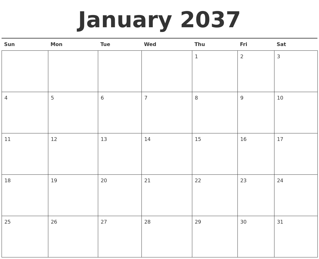 January 2037 Calendar Printable