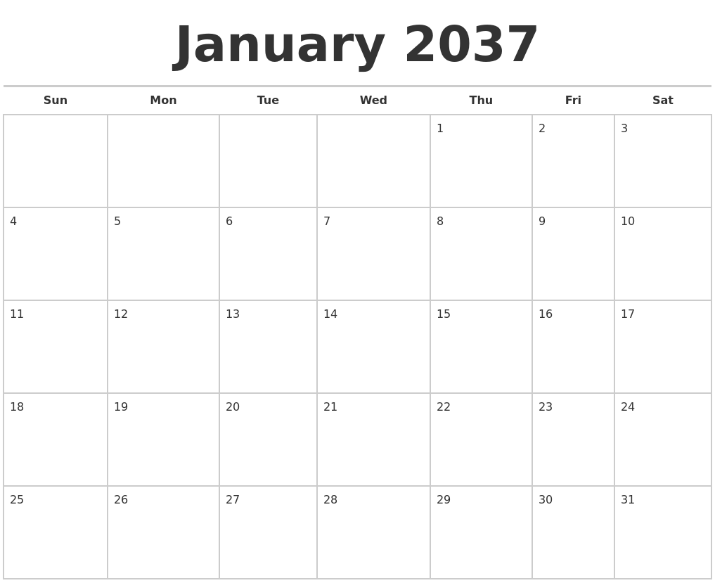 January 2037 Calendars Free