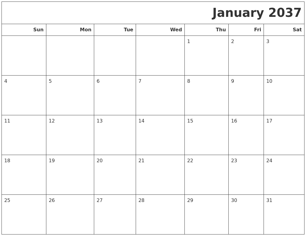 January 2037 Calendars To Print