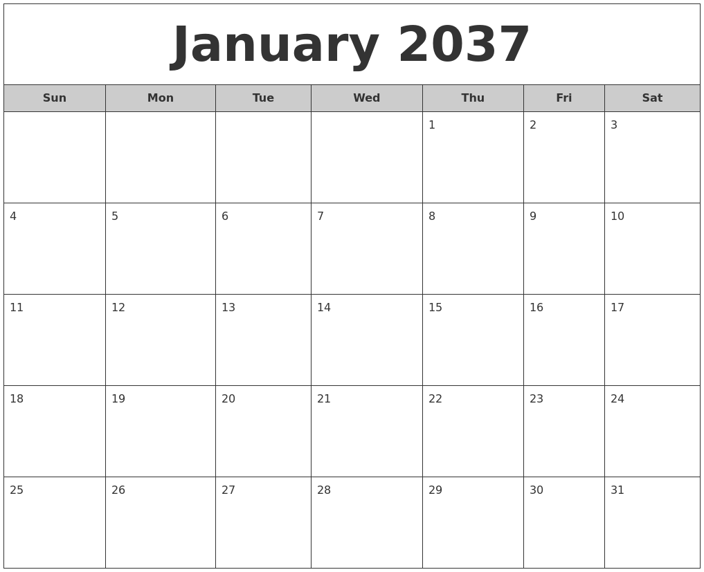 January 2037 Free Monthly Calendar