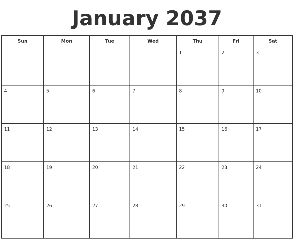 January 2037 Print A Calendar