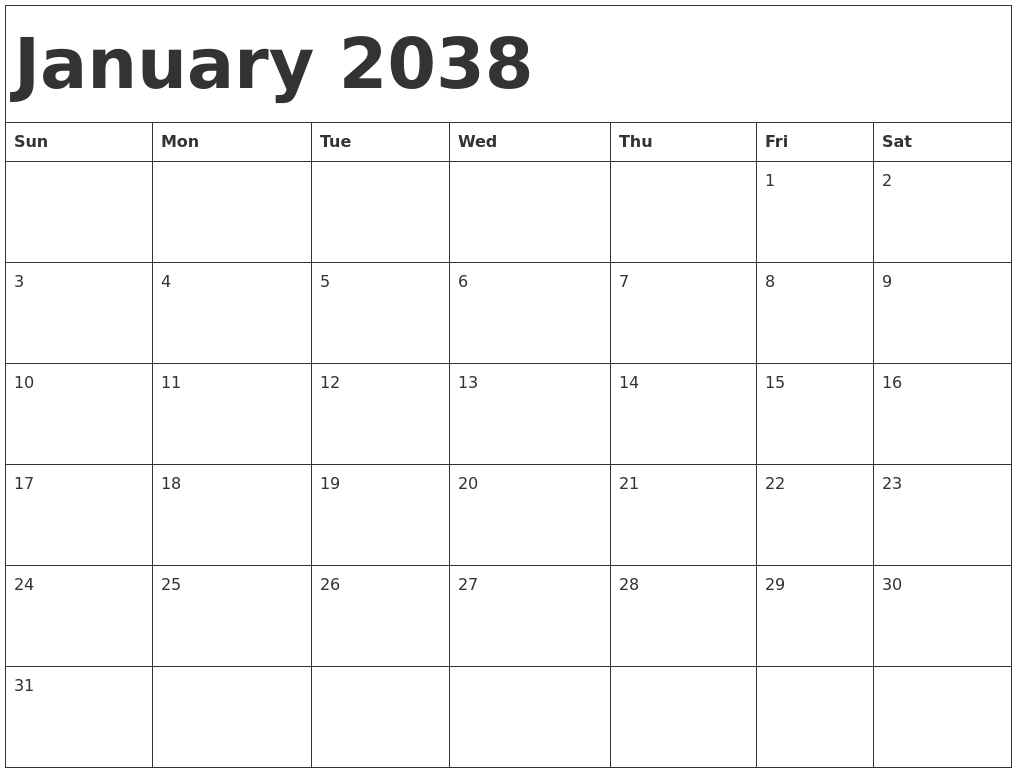 January 2038 Calendar Template