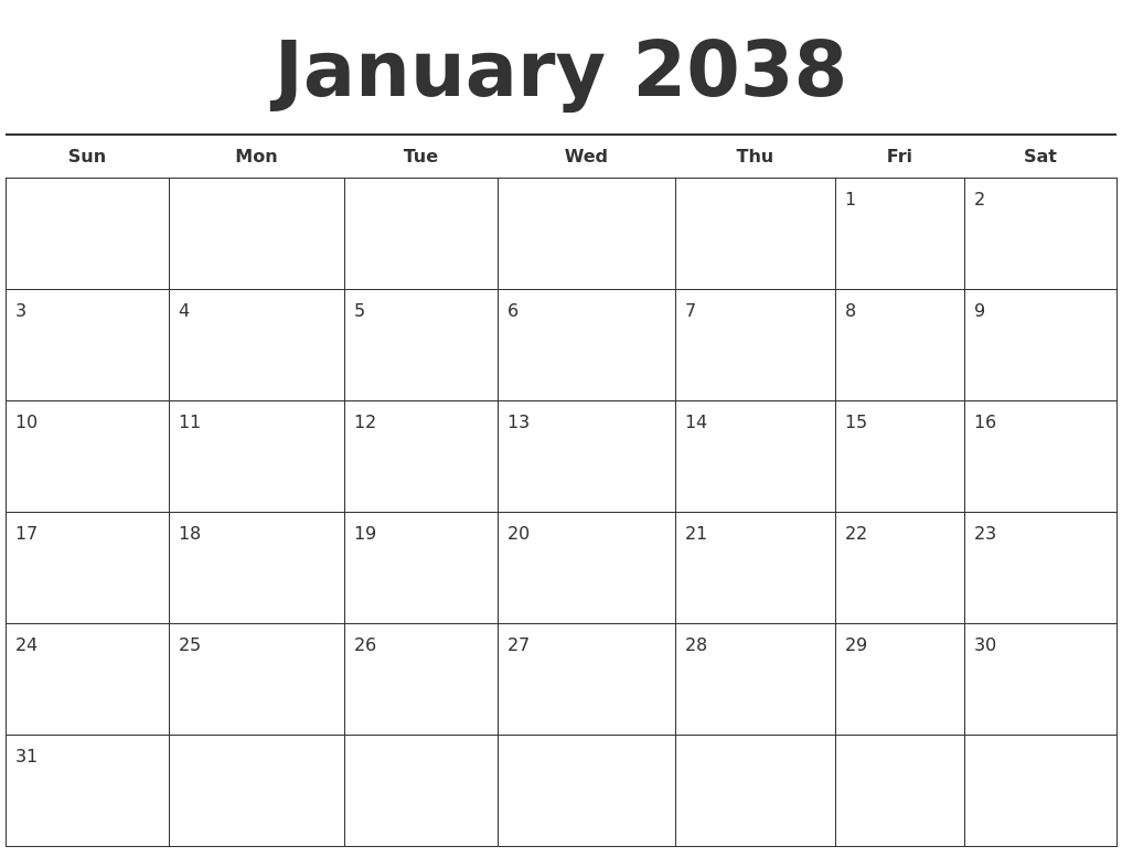 January 2038 Free Calendar Template
