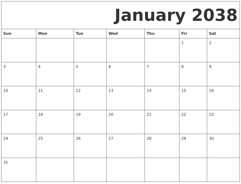 January 2038 Free Printable Calendar