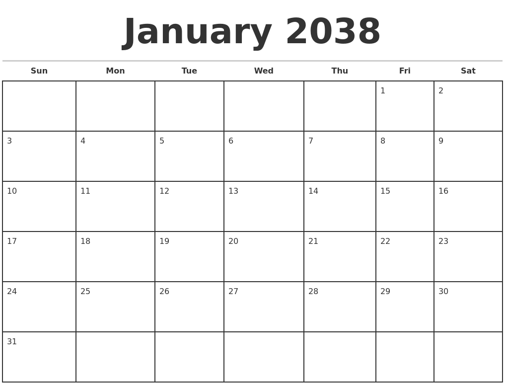 January 2038 Monthly Calendar Template