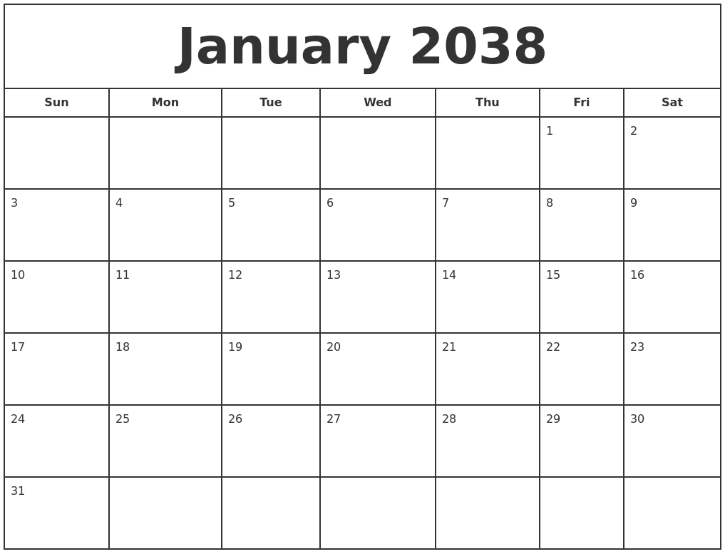 January 2038 Print Free Calendar