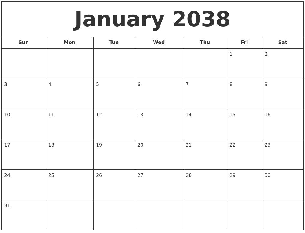 January 2038 Printable Calendar
