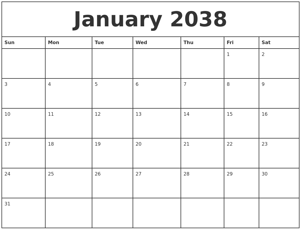 January 2038 Printable Monthly Calendar