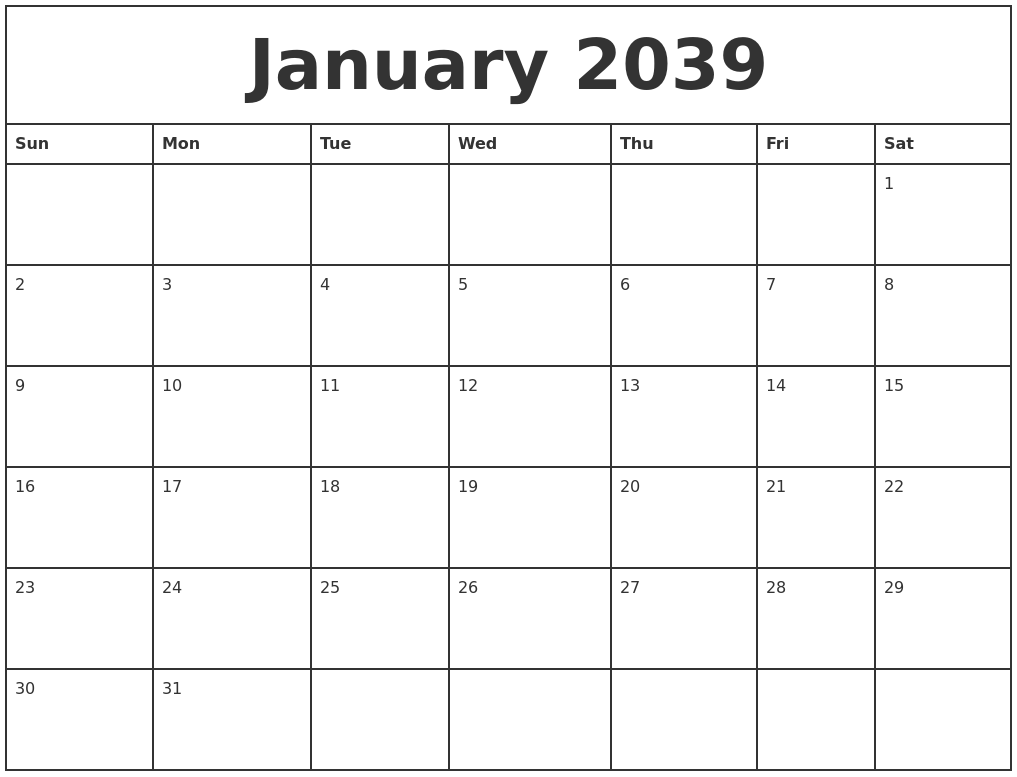January 2039 Printable Monthly Calendar