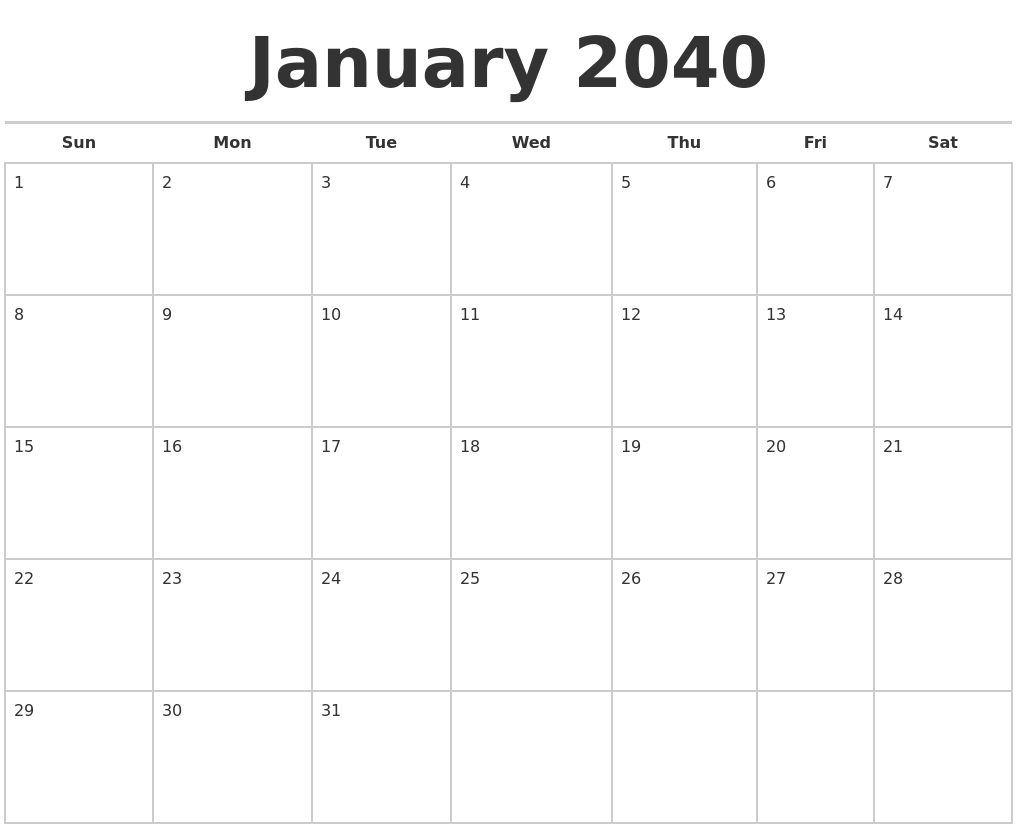 January 2040 Calendars Free