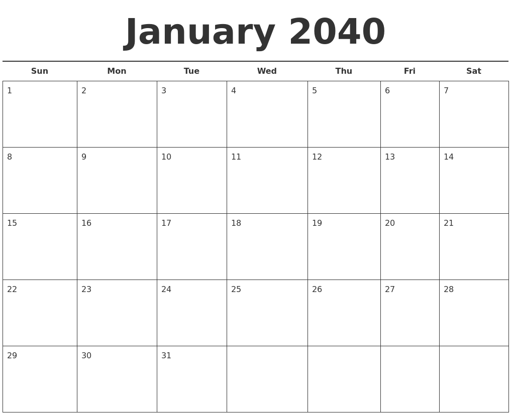January 2040 Free Calendar Template