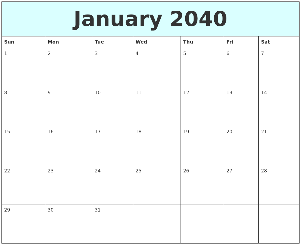 January 2040 Free Calendar