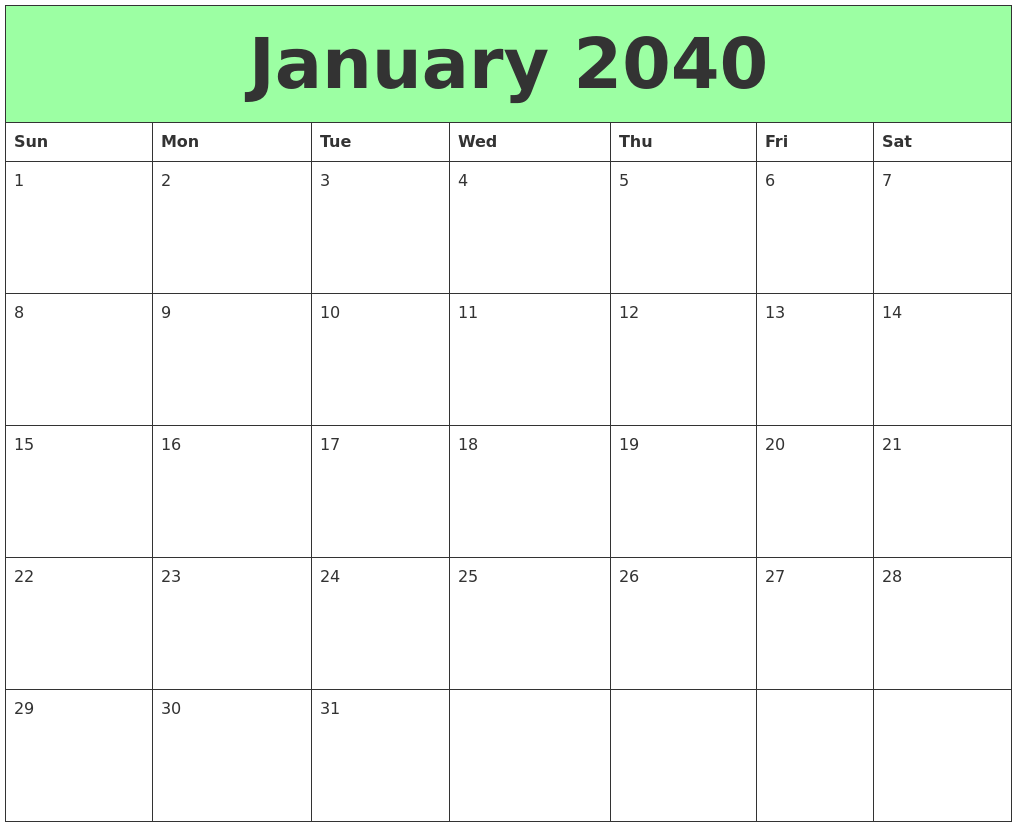 January 2040 Printable Calendars