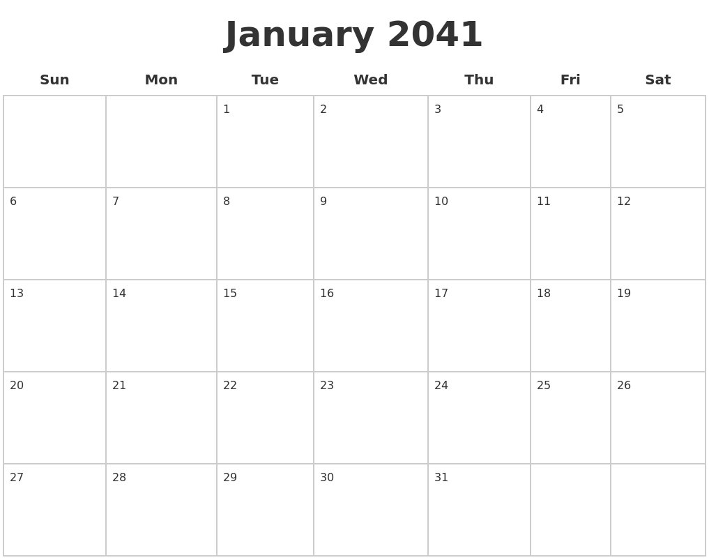 January 2041 Blank Calendar Pages