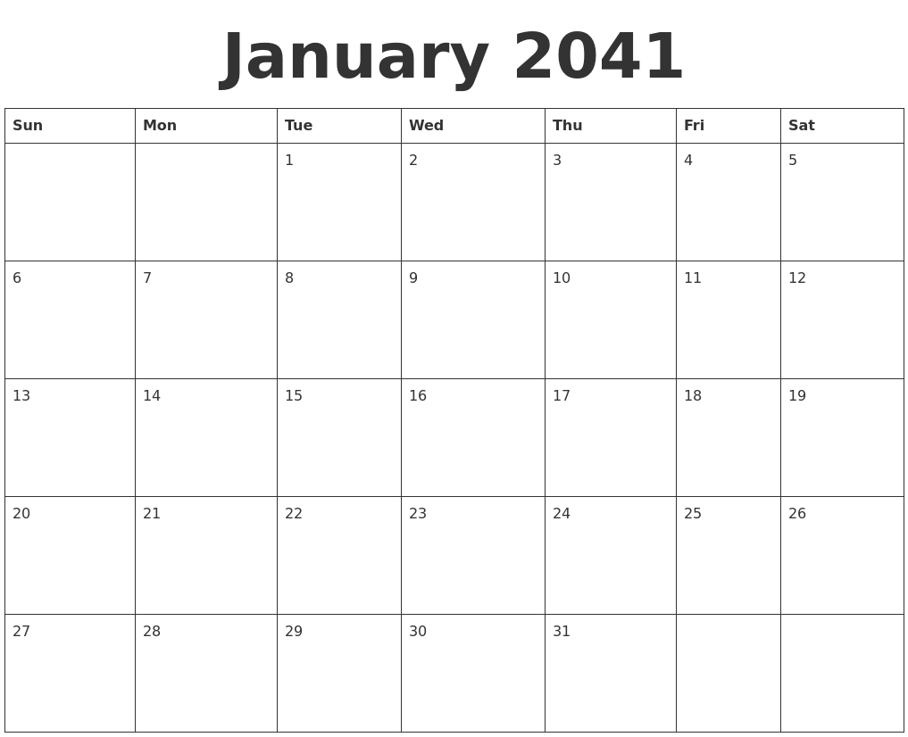January 2041 Blank Calendar Template