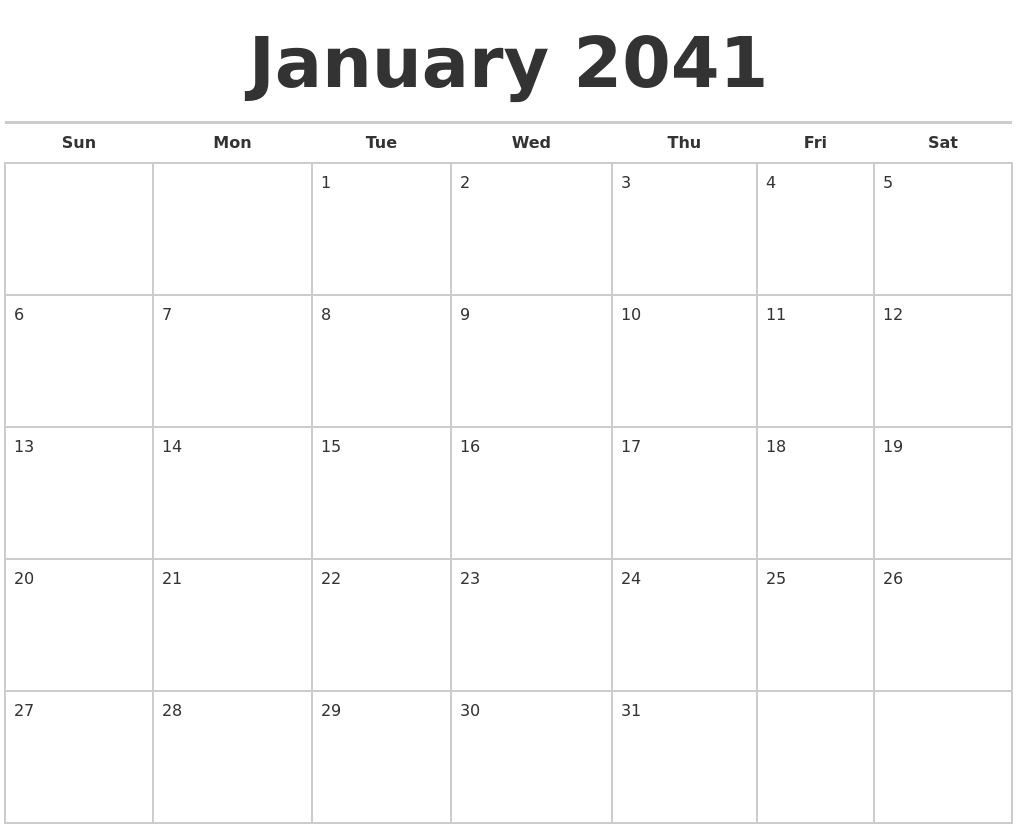January 2041 Calendars Free